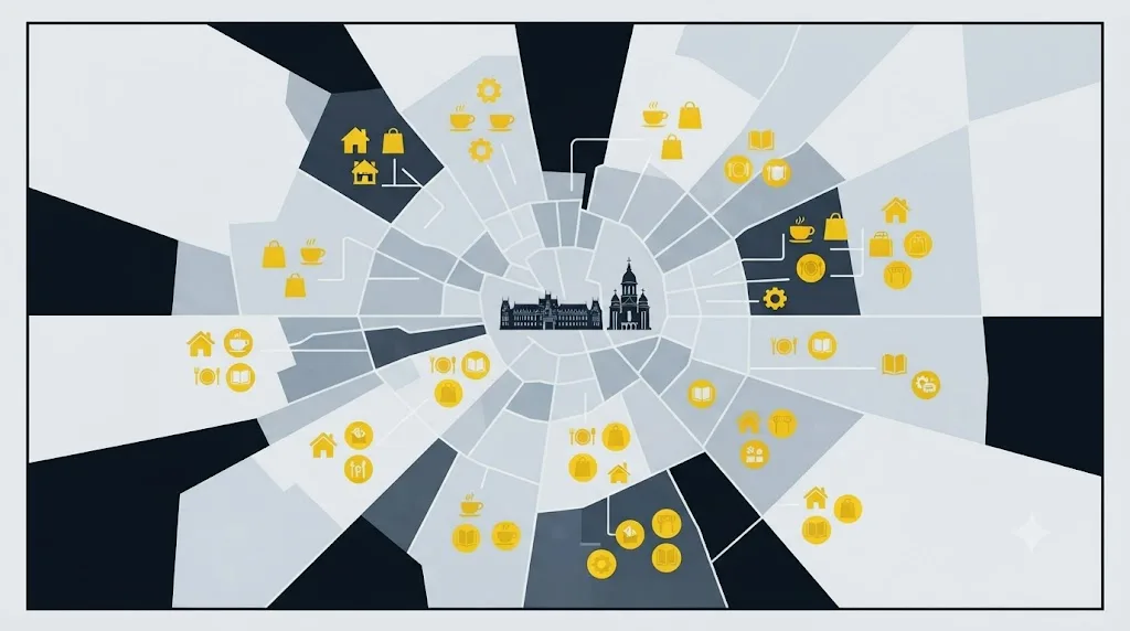Ilustrație cu o hartă a cartierelor Iașului și pictograme pentru afaceri locale