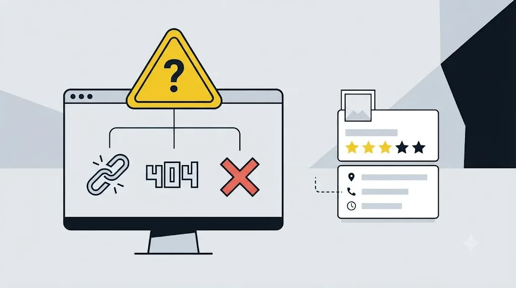 Ilustrație cu un semn de avertizare deasupra unui site cu erori, simbolizând greșeli comune de SEO la firmele din Iași