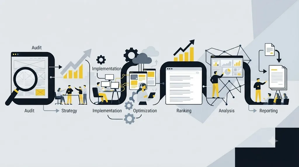 Ilustrație cu o schemă de flux care arată pașii unui proces SEO complet pentru o afacere din Iași