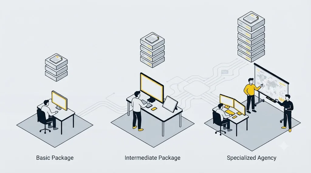 Ilustrație cu trei niveluri de preț pentru servicii SEO în Moldova, de la pachet de bază la agenție specializată
