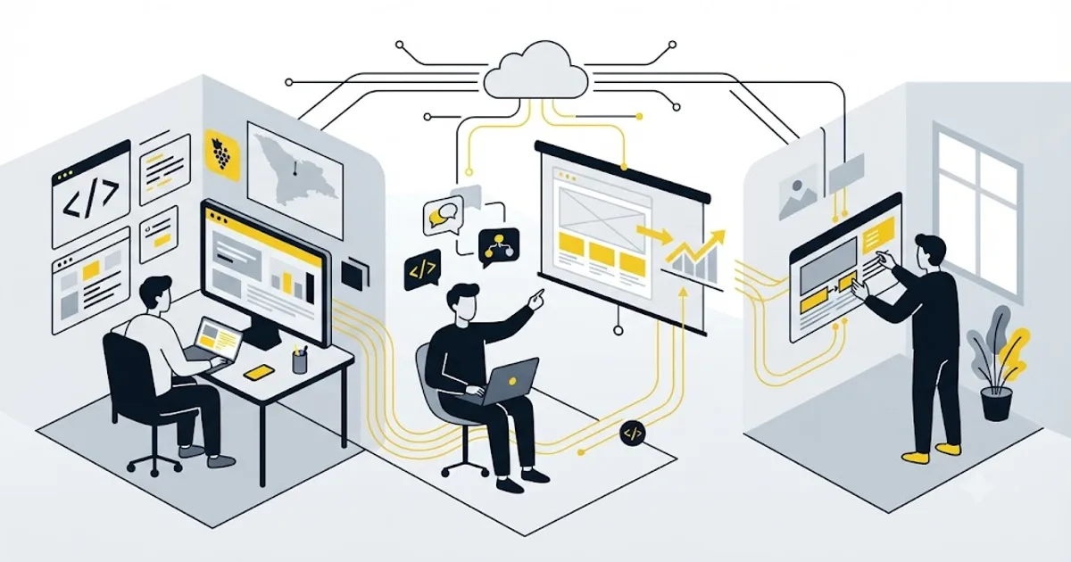 Ilustrație cu o echipă care lucrează de la distanță la optimizarea unui site pentru o afacere din Moldova