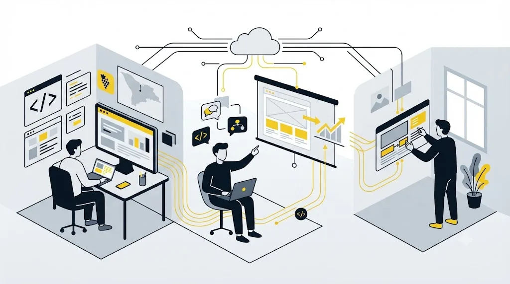 Ilustrație cu o echipă care lucrează de la distanță la optimizarea unui site pentru o afacere din Moldova