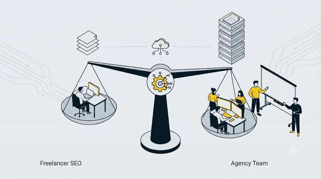 Ilustrație cu o balanță care compară un freelancer SEO și o echipă de agenție pentru o afacere din Moldova
