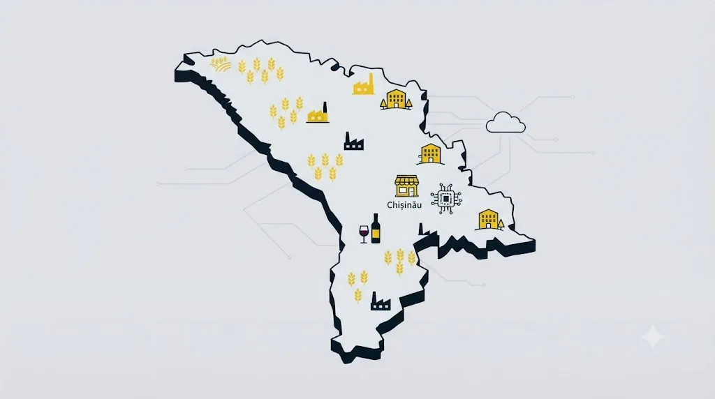 Ilustrație cu o hartă a Moldovei și pictograme pentru diferite tipuri de afaceri locale