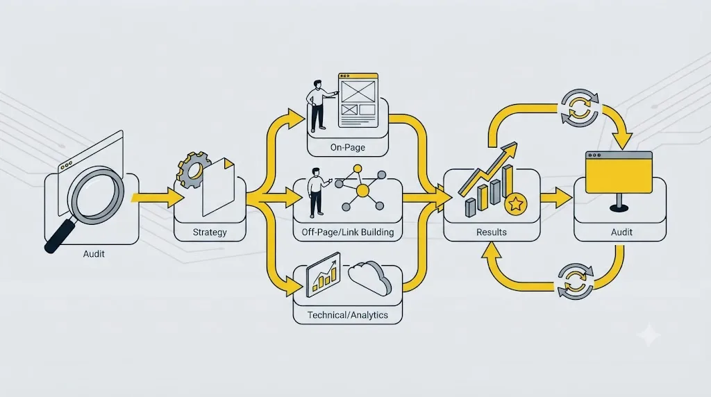 Ilustrație cu o schemă de flux care arată pașii unui proces SEO complet pentru o afacere din Moldova
