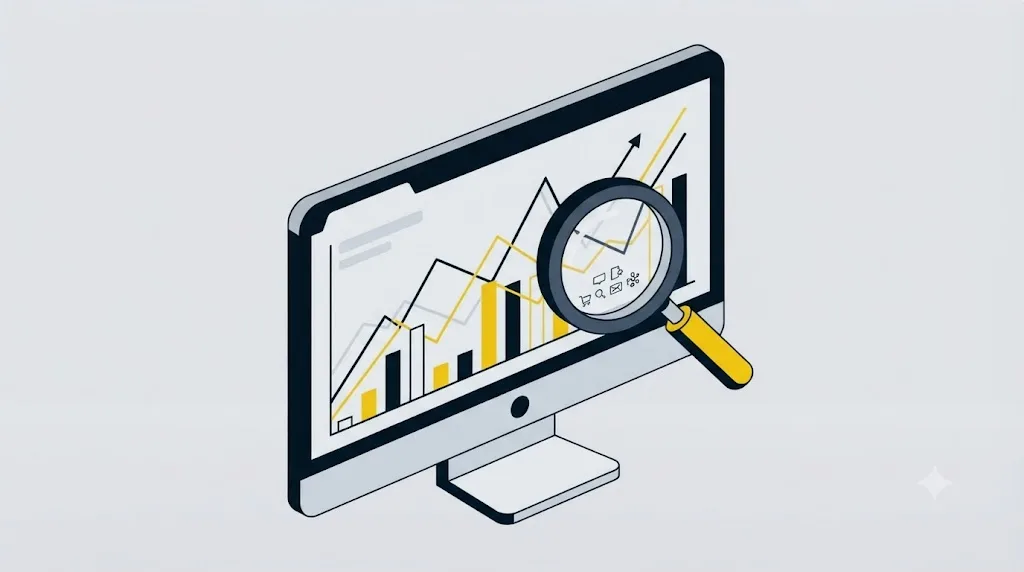 Ilustrație cu un grafic de trafic SEO analizat cu o lupă pentru verificare, pentru o afacere din Moldova