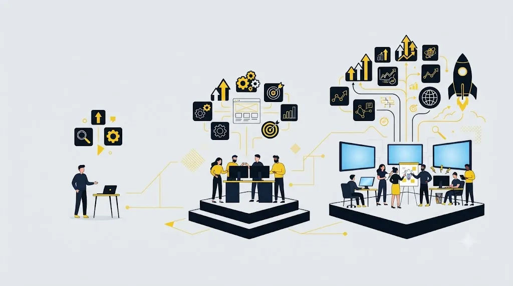 Ilustrație cu trei niveluri de preț pentru servicii SEO, de la freelancer la agenție specializată