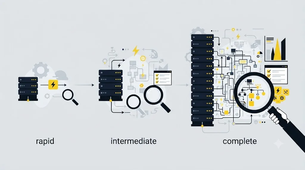 Ilustrație cu trei niveluri de preț pentru un audit SEO, de la simplu la complet