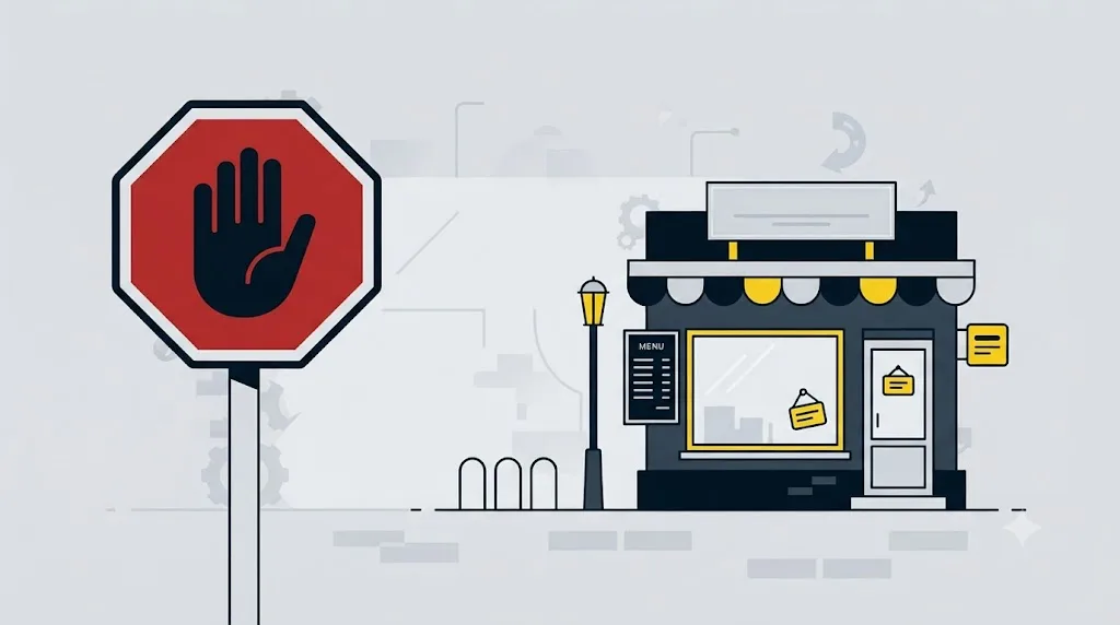 Ilustrație cu un semn de stop lângă un magazin mic local, sugerând că nu orice afacere are nevoie de un audit SEO plătit