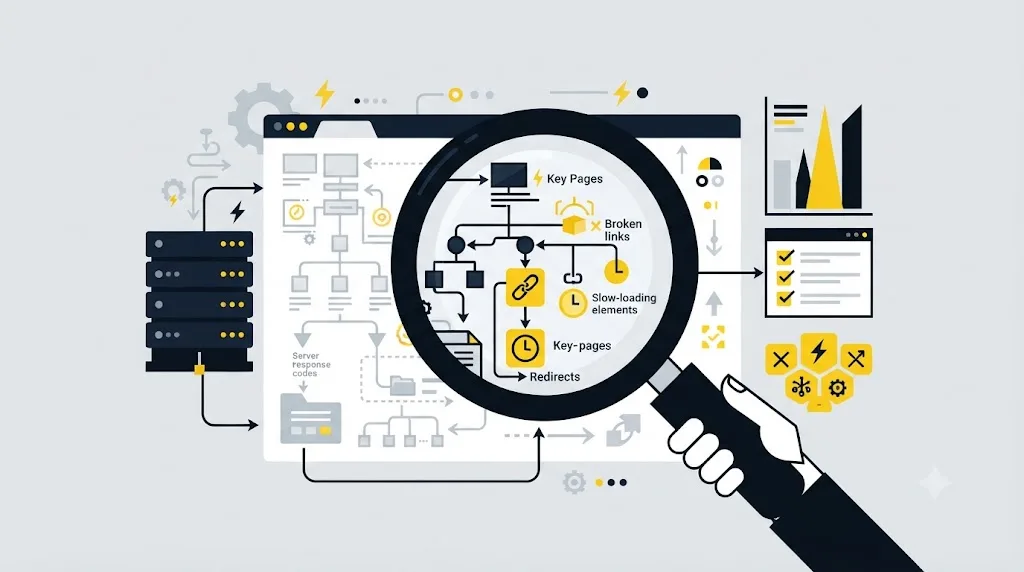 Ilustrație cu o lupă care analizează structura unui site pentru un audit SEO în București