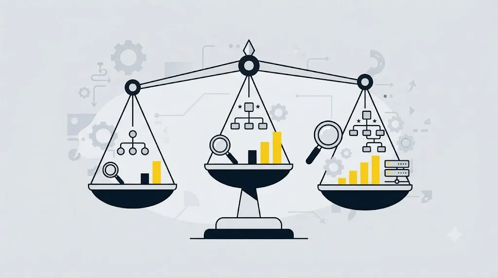 Ilustrație cu o balanță care compară un audit SEO făcut intern, de un freelancer și de o agenție