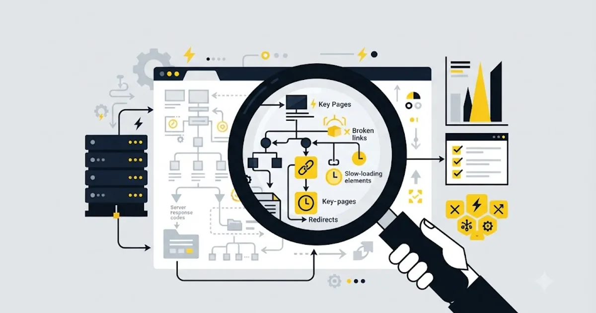Ilustrație cu o lupă deasupra unui site analizat pentru un audit SEO în București