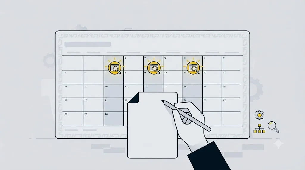 Ilustrație cu un calendar care marchează intervalele recomandate pentru refacerea unui audit SEO