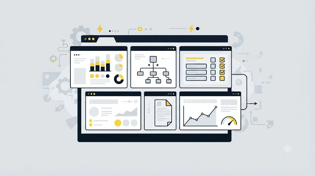 Ilustrație cu un ecran care afișează instrumente gratuite folosite într-un audit SEO