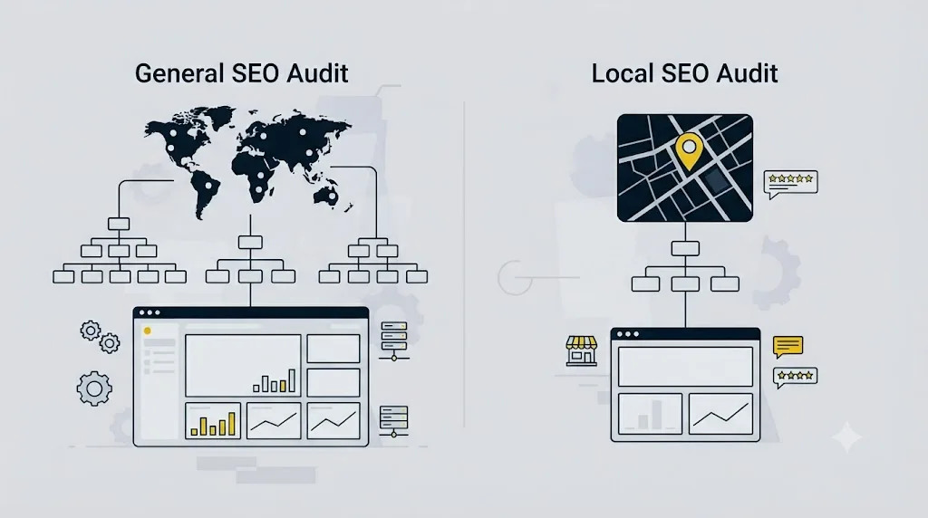 Ilustrație cu o comparație vizuală între un audit SEO general și unul axat pe sectoarele Bucureștiului