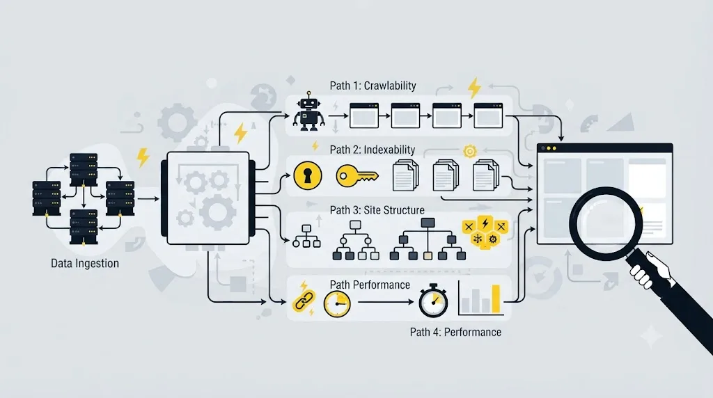 Ilustrație cu o schemă de flux care arată pașii unui audit SEO tehnic complet