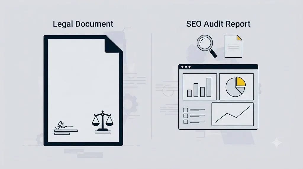Ilustrație cu un document legal lângă un raport de audit SEO pentru un site din România