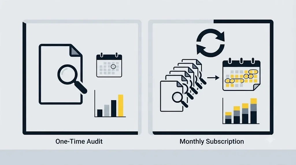 Ilustrație cu o comparație între un audit SEO unic și un abonament SEO lunar