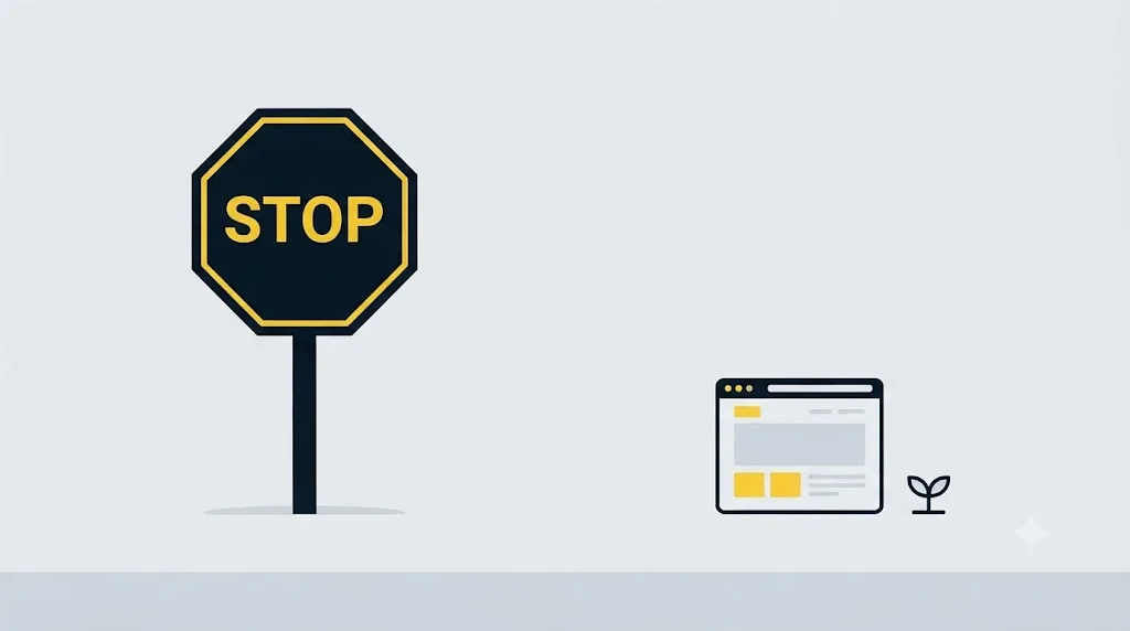 Ilustrație cu un semn de stop lângă un site web mic și nou din Chișinău