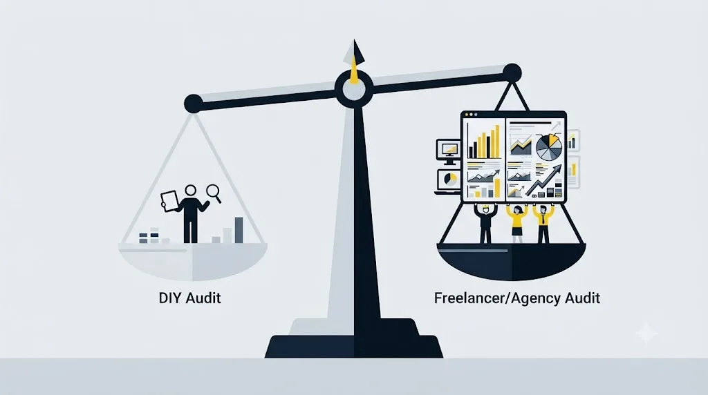 Ilustrație cu o balanță care compară un audit SEO făcut singur și unul făcut de o agenție