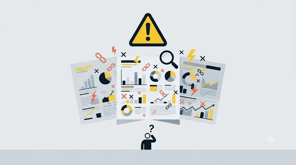 Ilustrație cu un semn de avertizare deasupra unui raport de audit SEO dezorganizat