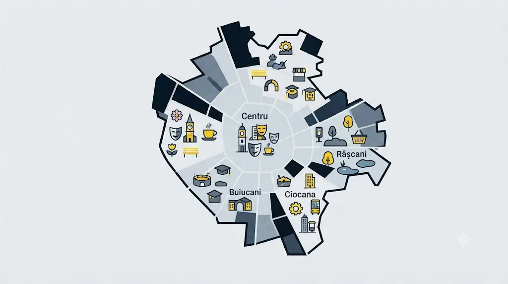 Ilustrație cu harta celor cinci sectoare ale Chișinăului și pictograme pentru cuvinte cheie locale
