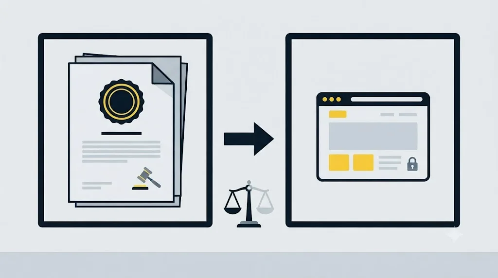 Ilustrație cu un document legal și o pictogramă de site web, simbolizând conformitatea legală în Moldova