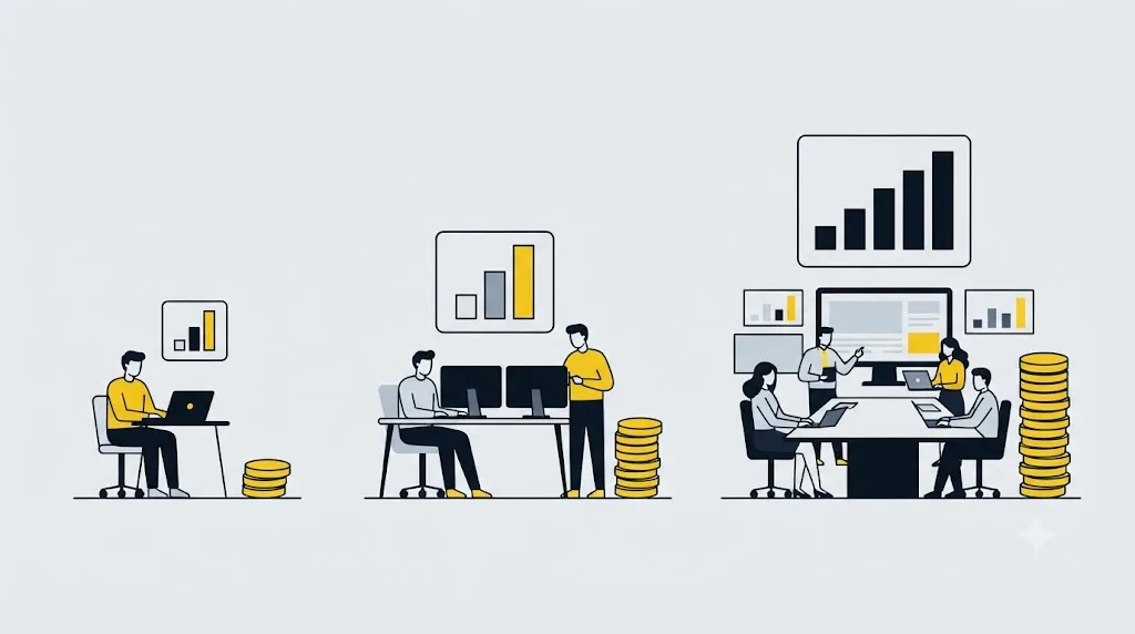 Ilustrație cu trei benzi de preț pentru un audit SEO, de la freelancer la agenție