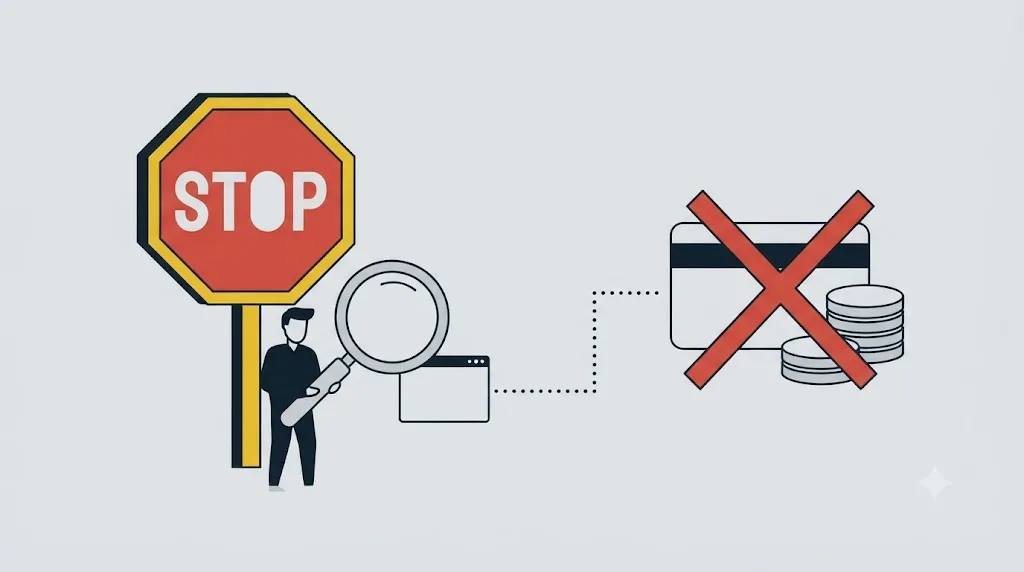 Ilustrație cu un semn de stop lângă un site web nou, fără nevoie imediată de audit SEO