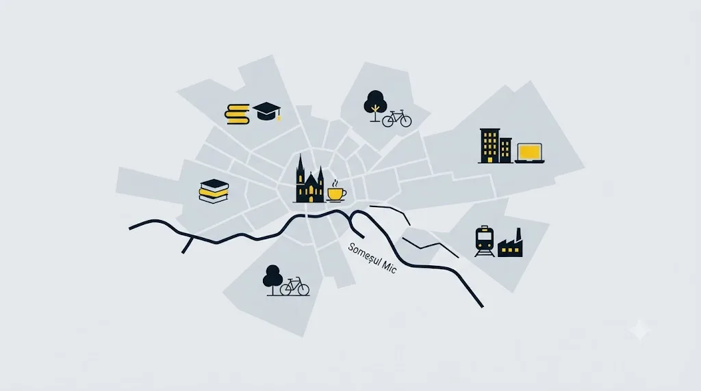 Ilustrație cu harta cartierelor din Cluj-Napoca și pictograme pentru cuvinte cheie locale
