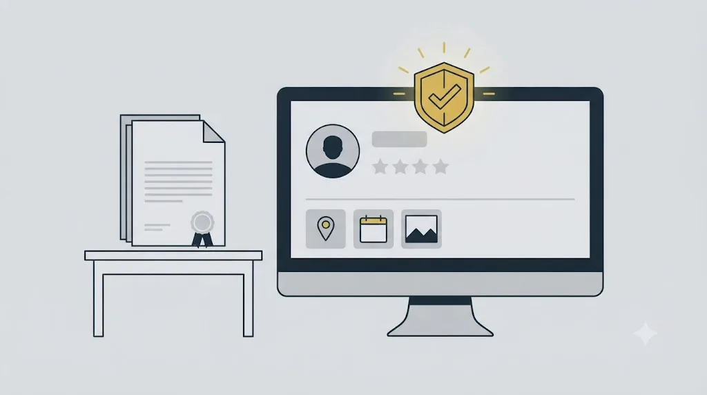 Ilustrație cu un document legal și un profil Google Business Profile marcat ca activ