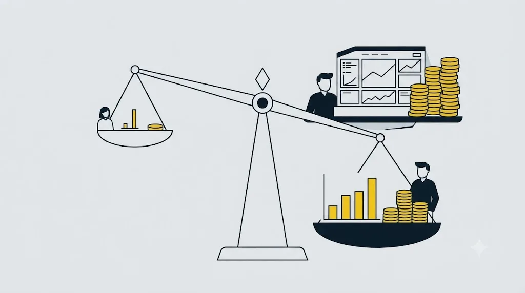 Ilustrație cu o balanță care compară un audit SEO făcut singur, cu un freelancer și cu o agenție