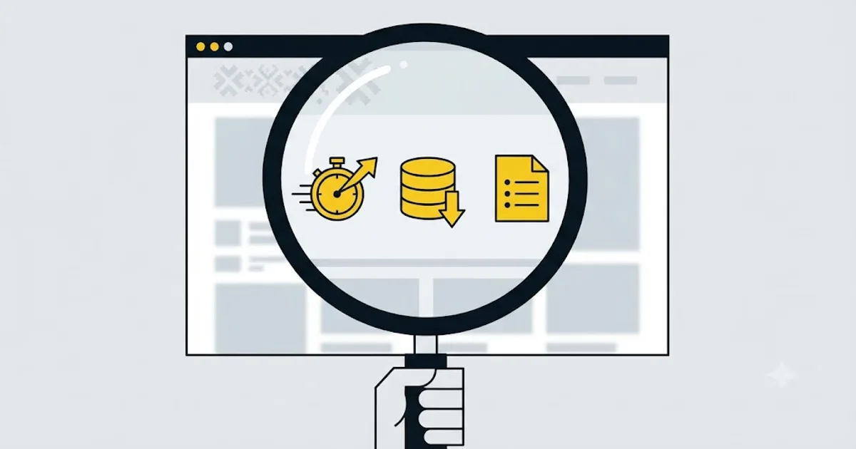 Ilustrație cu o lupă deasupra unui site web analizat tehnic pentru un audit SEO