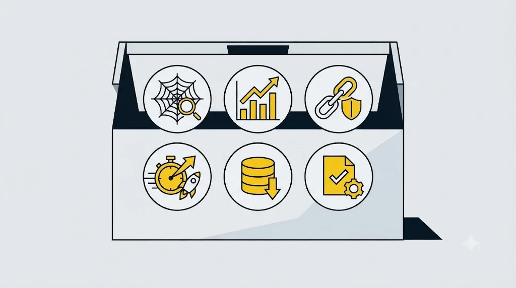 Ilustrație cu o trusă de instrumente gratuite pentru audit SEO, fiecare reprezentat printr-o pictogramă