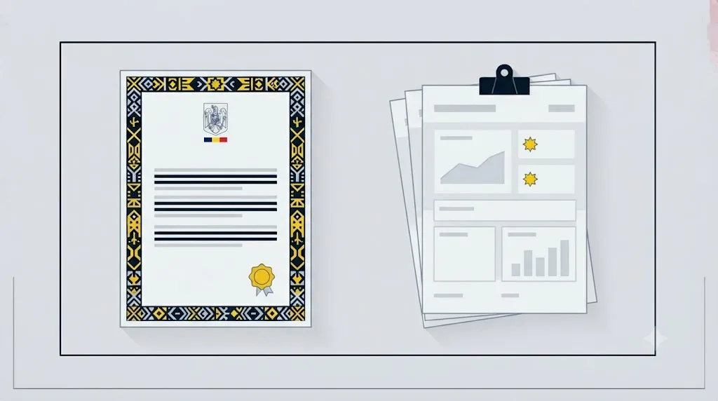 Ilustrație cu un document legal alături de un raport de audit SEO pentru piața din România