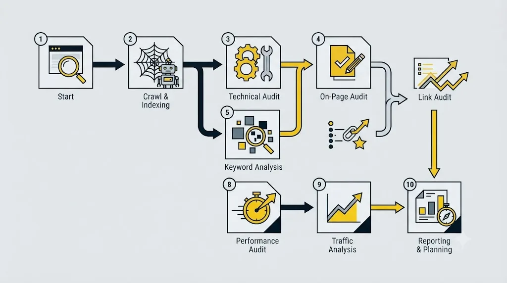 Ilustrație cu o schemă de flux care arată pașii unui audit SEO gratuit, în ordine