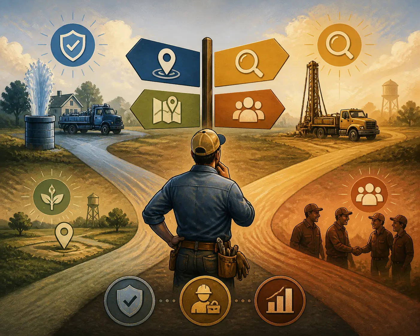 Illustration of a well contractor choosing a paid or organic lead channel after an eligibility review