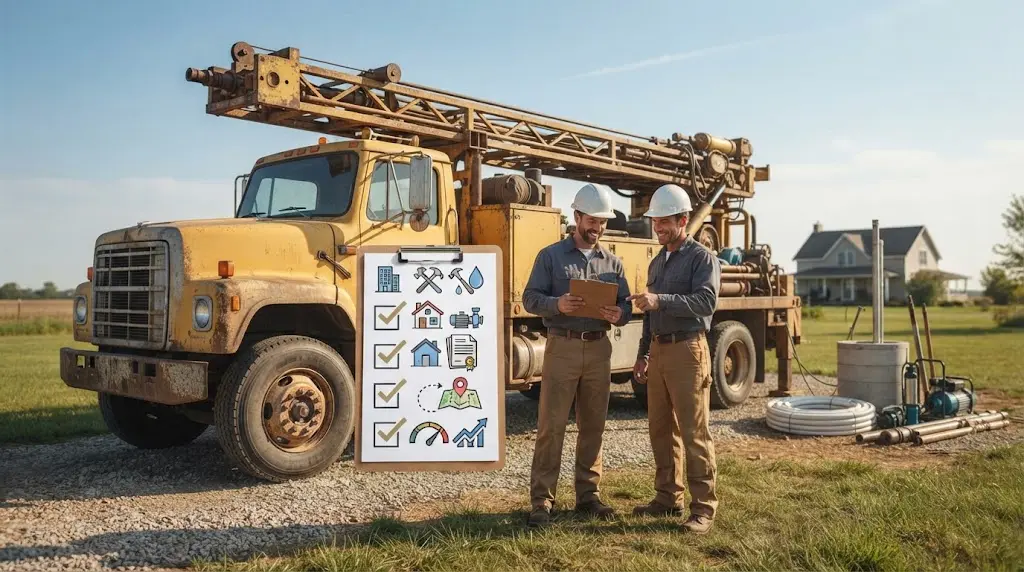 Illustration of a six-step Local Services Ads eligibility checklist beside a well contractor's license and service map