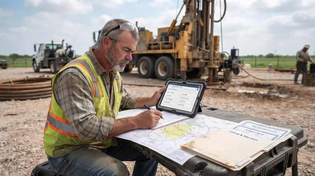 Illustration of a well contractor checking Google Local Services Ads eligibility against a service territory and pump truck