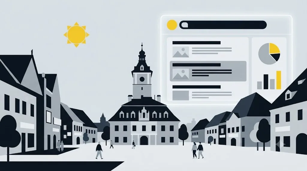 Ilustrație cu Piața Sfatului din Brașov și un ecran cu rezultate de căutare Google deasupra orașului