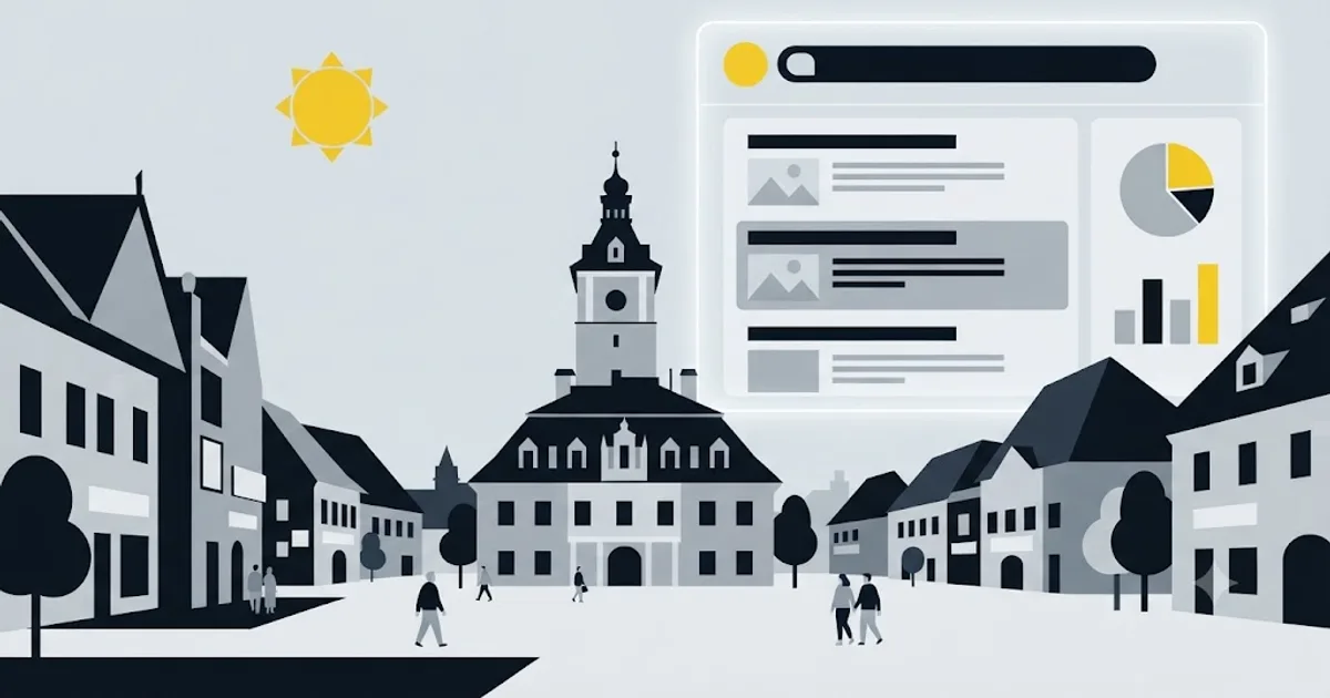 Ilustrație cu Piața Sfatului din Brașov și un ecran cu rezultate de căutare Google deasupra orașului
