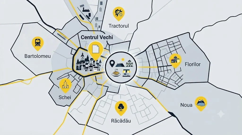 Ilustrație cu harta cartierelor din Brașov și pictograme pentru cuvinte cheie locale
