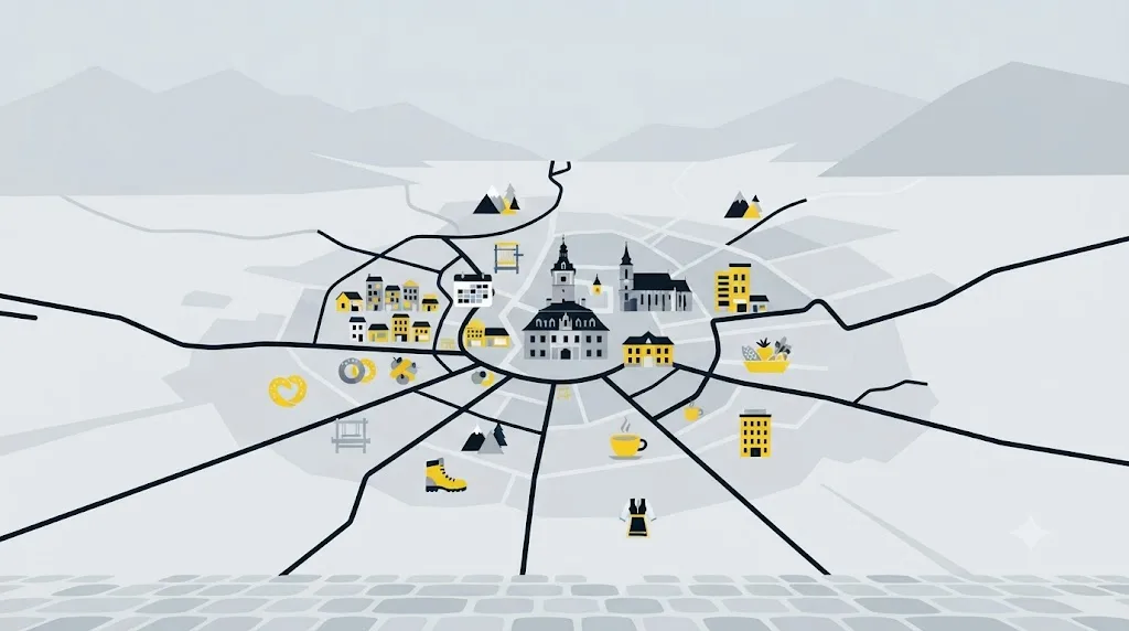 Ilustrație cu o hartă a Brașovului și pictograme pentru diferite tipuri de afaceri locale