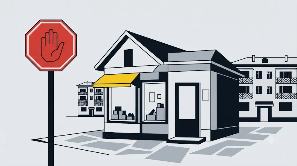 Ilustrație cu un semn de stop lângă un magazin mic dintr-un sector al Chișinăului, sugerând că nu orice afacere are nevoie de o firmă SEO
