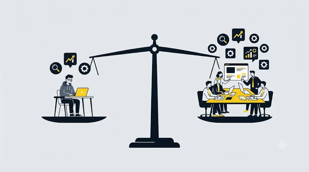 Ilustrație cu o balanță care compară un freelancer SEO și o echipă de firmă din Chișinău