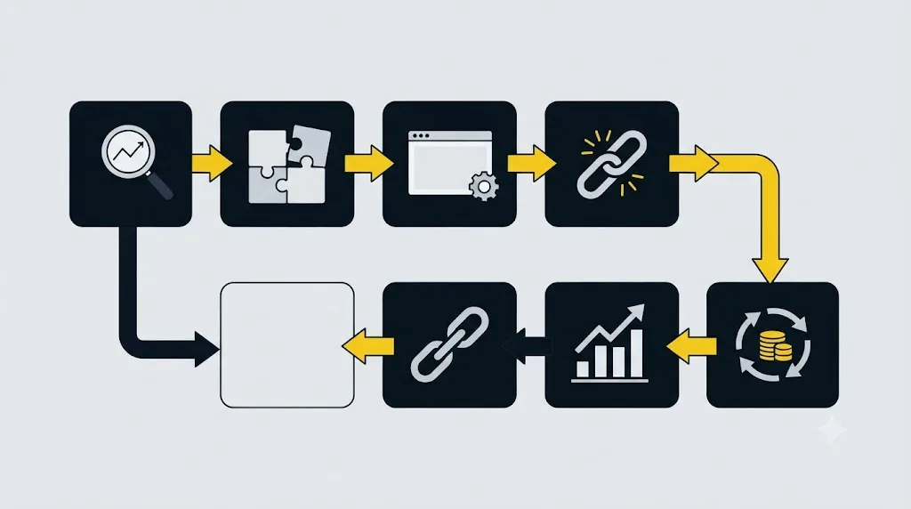Ilustrație cu o schemă de flux care arată pașii unui proces complet de firmă SEO din Chișinău