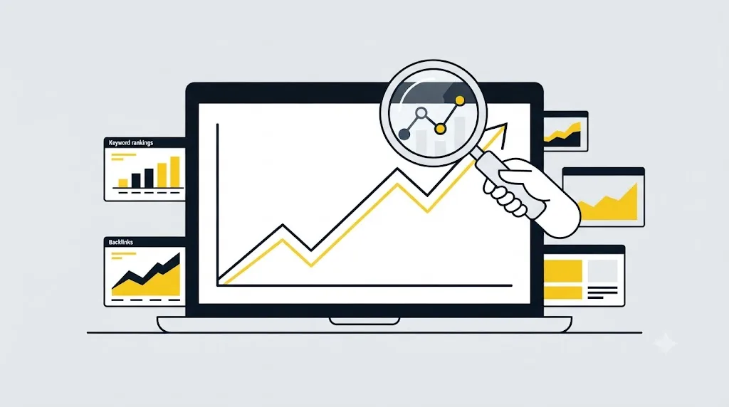 Ilustrație cu un grafic de trafic SEO analizat cu o lupă pentru verificarea rezultatelor unei firme din Chișinău