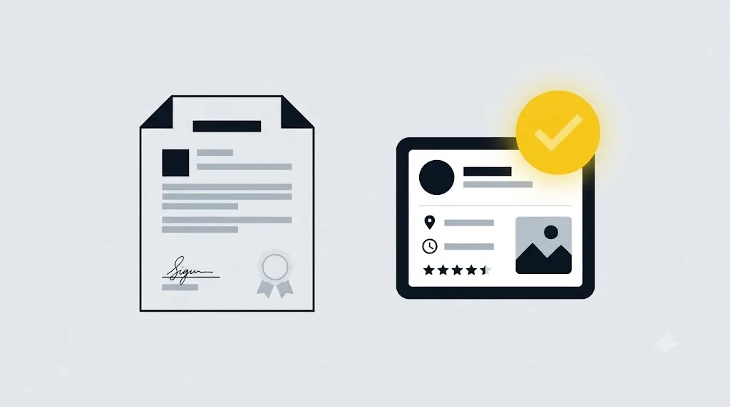 Ilustrație cu un document legal și un profil Google Business Profile activ, pentru o afacere din Chișinău
