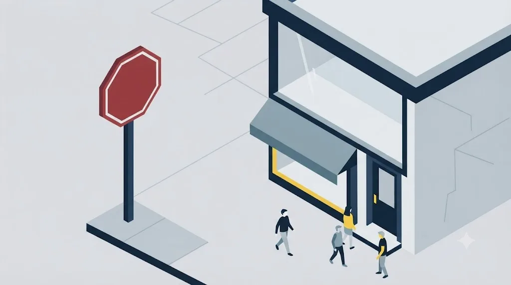 Ilustrație cu un semn de stop lângă un magazin mic local, sugerând că nu orice afacere are nevoie de o firmă SEO