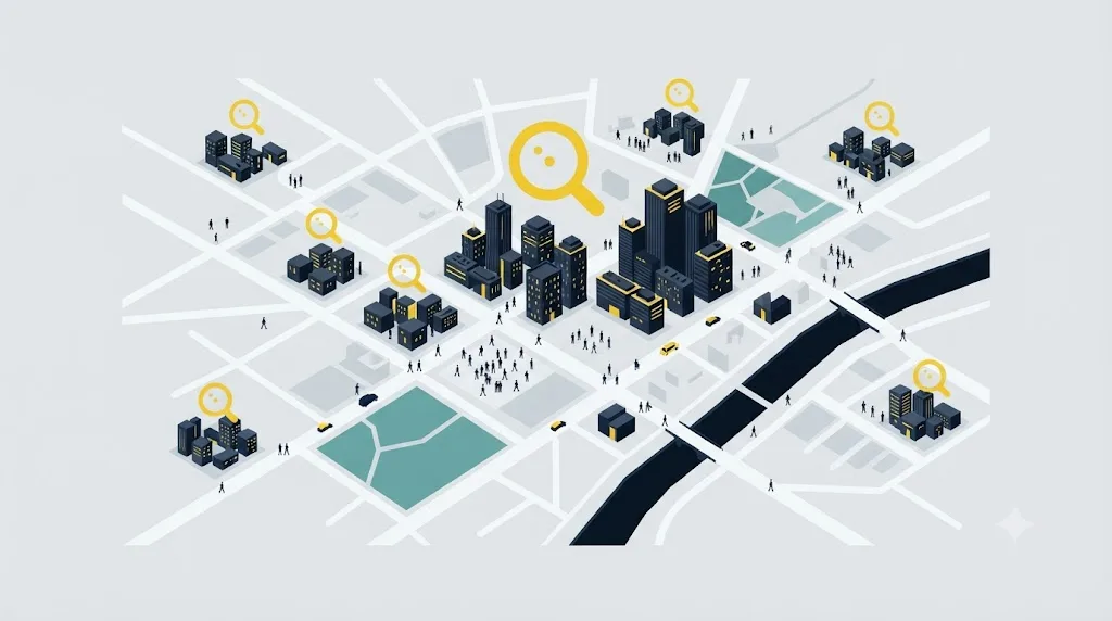 Ilustrație cu o hartă a Cluj-Napoca și pictograme pentru servicii digitale de optimizare SEO